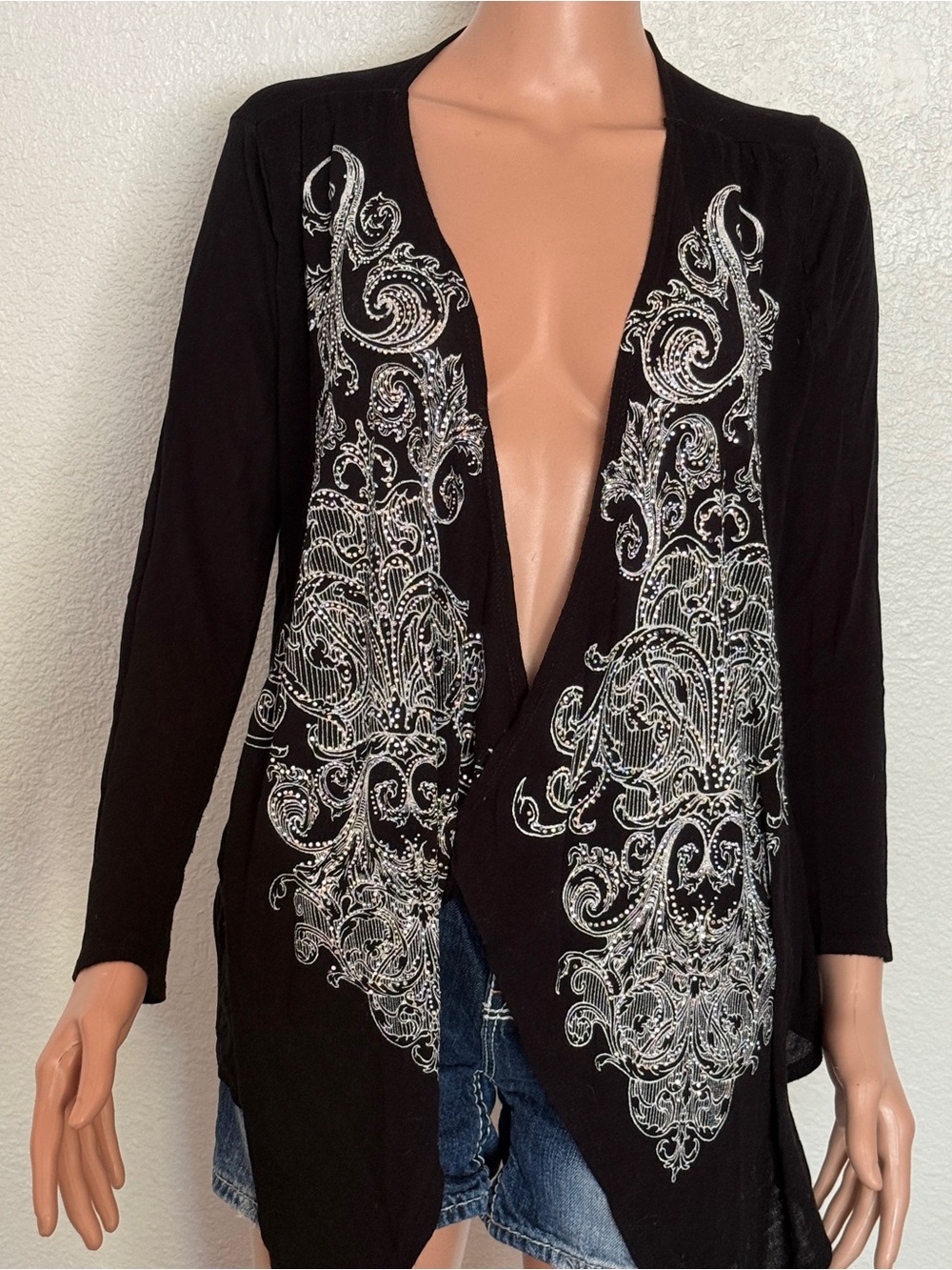 Y2K Vocal Rhinestone Paisley Open Cardigan / Draped Filigree Duster XL